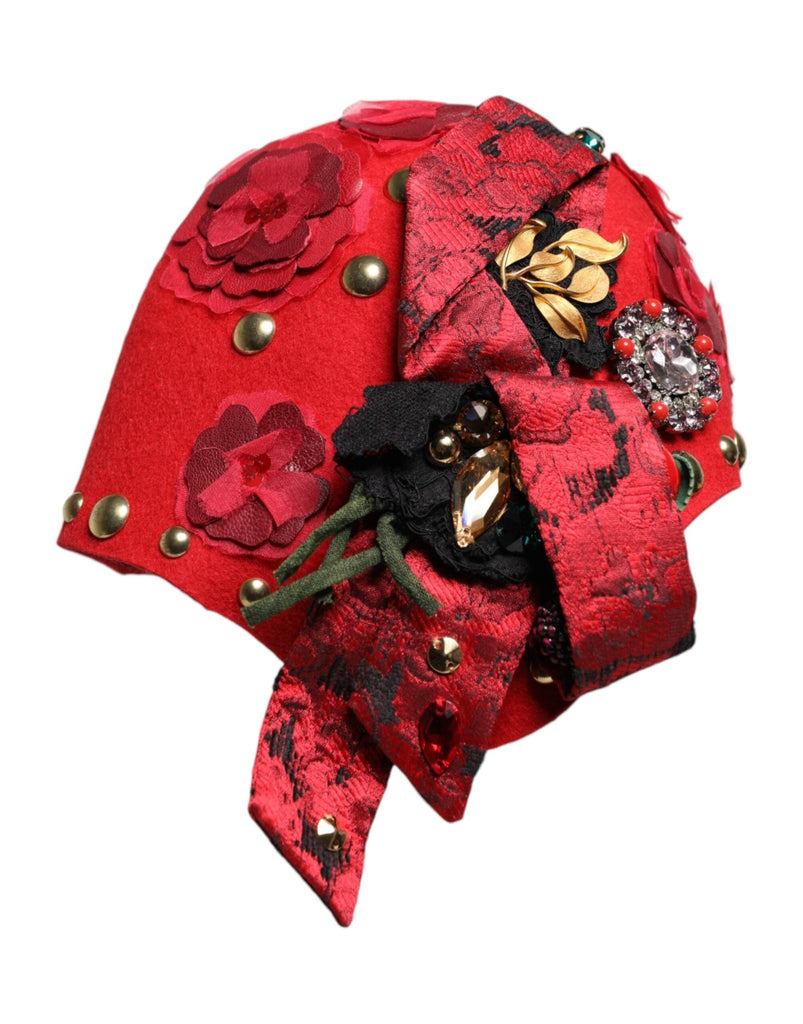 Dolce & Gabbana Red Crystal Gold Roses Brooch Embellished Hat - Beyzy Store - Dolce & Gabbana