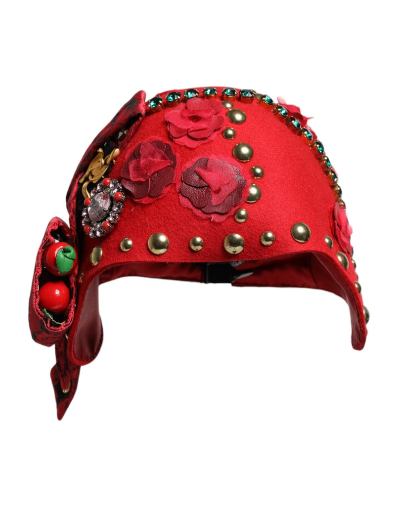 Dolce & Gabbana Red Crystal Gold Roses Brooch Embellished Hat - Beyzy Store - Dolce & Gabbana