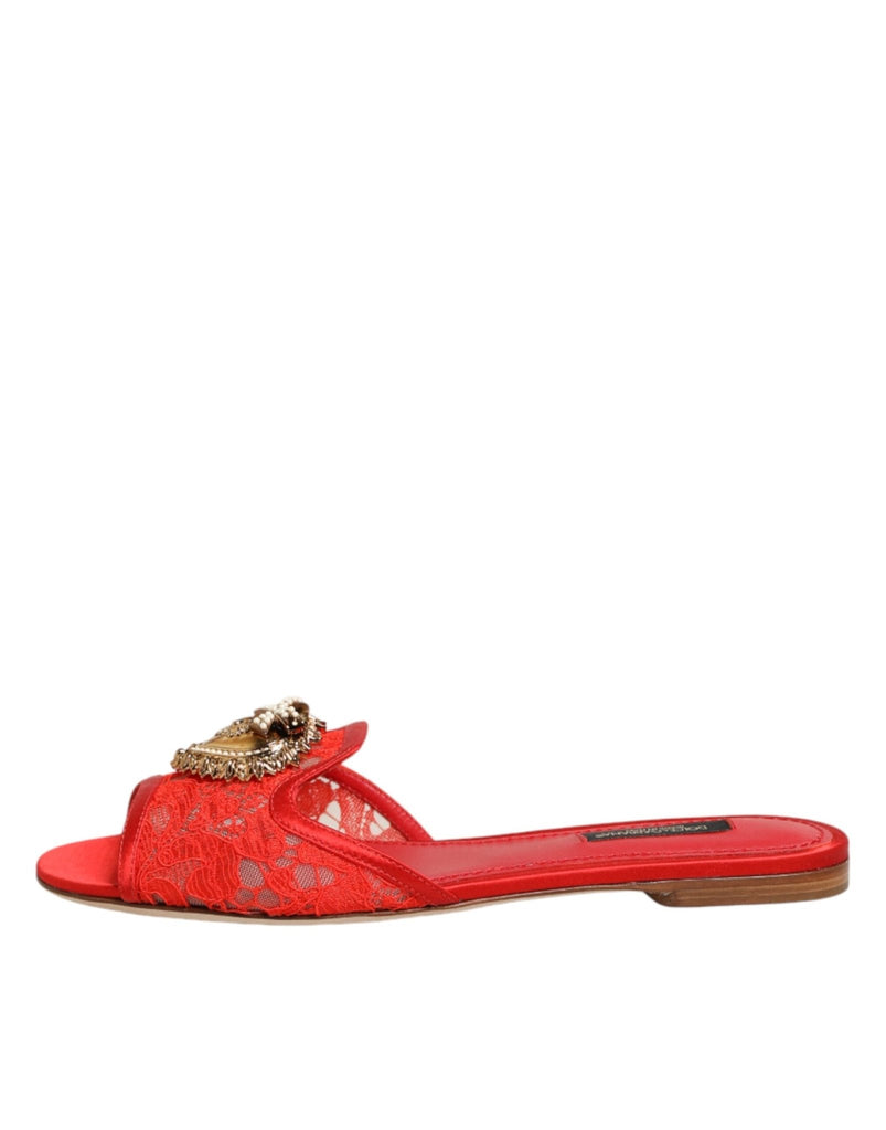 Dolce & Gabbana Red Devotion Lace Flats Slip On Sandals Shoes - Beyzy Store - Dolce & Gabbana