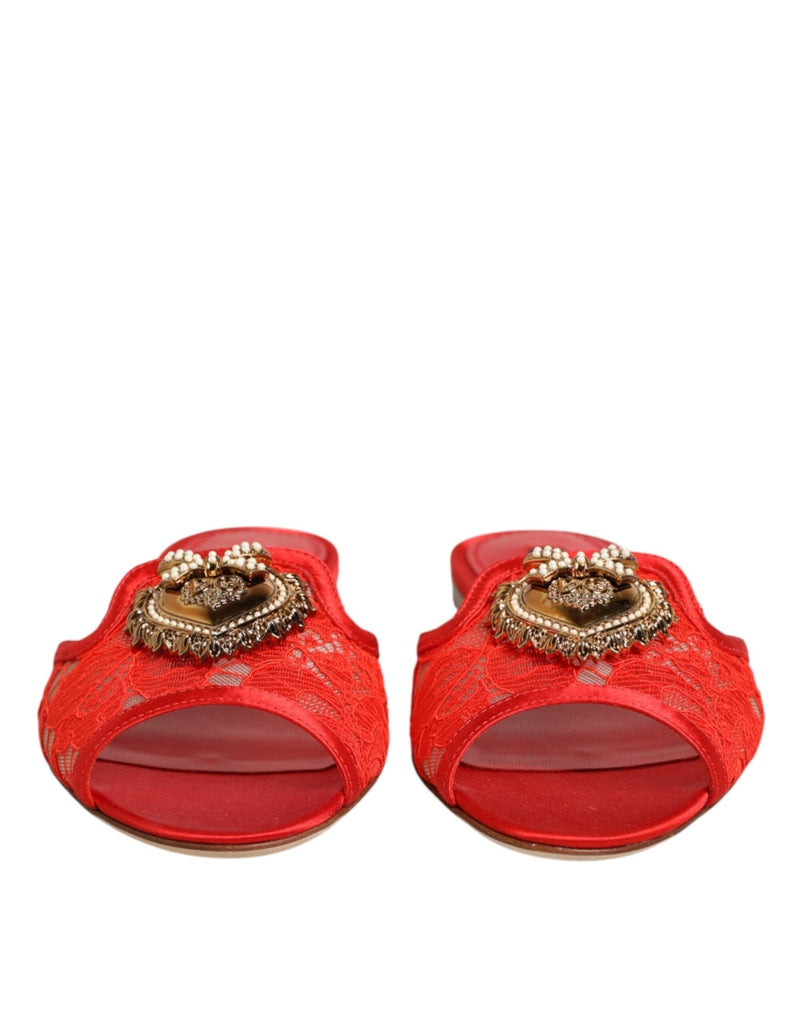 Dolce & Gabbana Red Devotion Lace Flats Slip On Sandals Shoes - Beyzy Store - Dolce & Gabbana