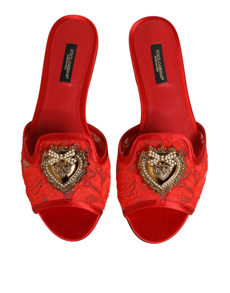 Dolce & Gabbana Red Devotion Lace Flats Slip On Sandals Shoes - Beyzy Store - Dolce & Gabbana