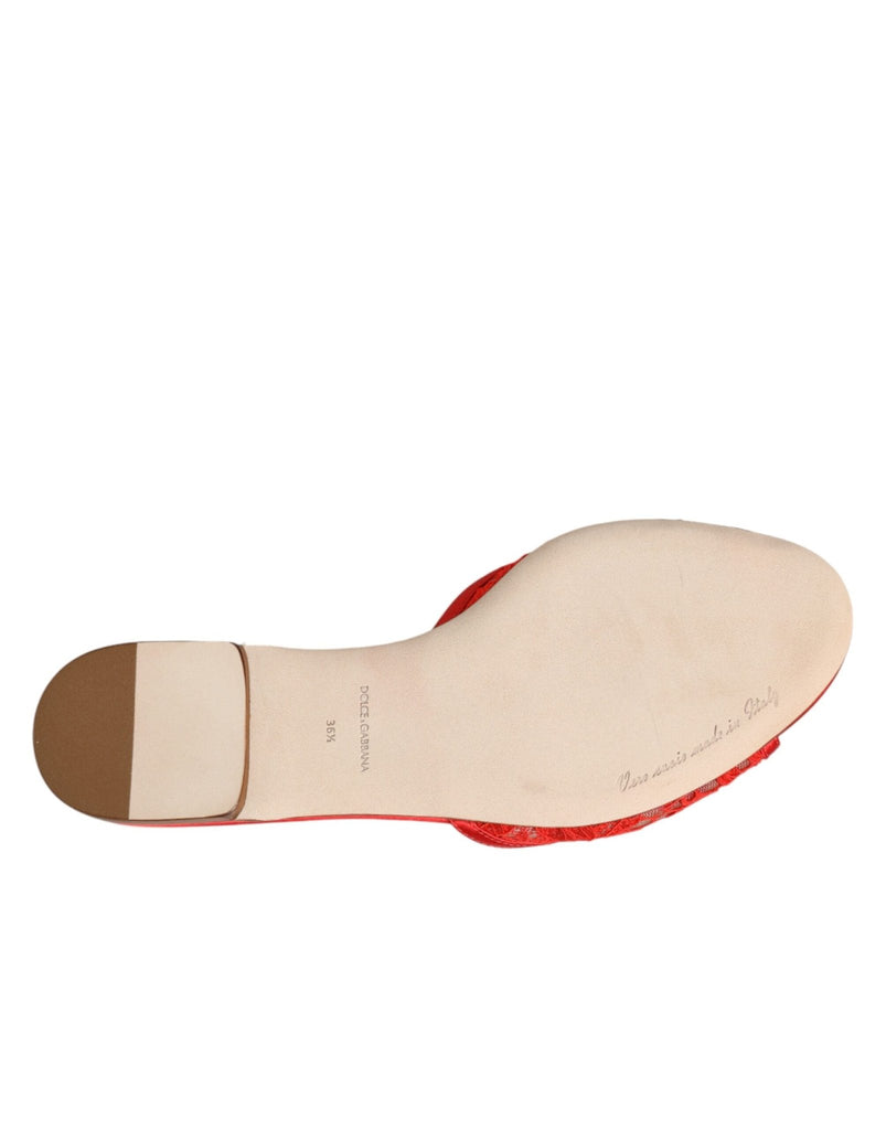 Dolce & Gabbana Red Devotion Lace Flats Slip On Sandals Shoes - Beyzy Store - Dolce & Gabbana