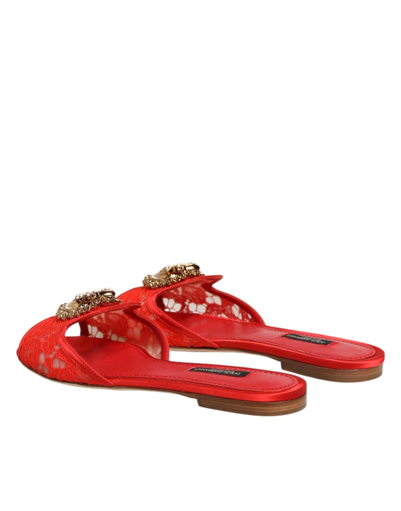 Dolce & Gabbana Red Devotion Lace Flats Slip On Sandals Shoes - Beyzy Store - Dolce & Gabbana