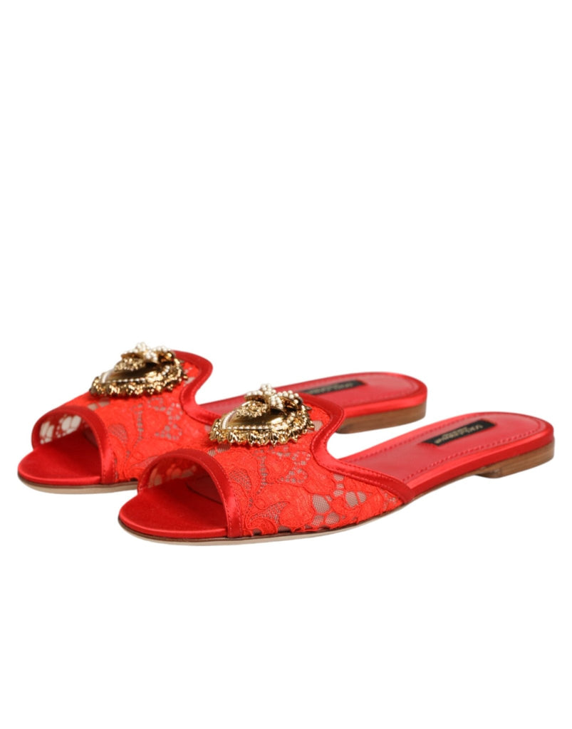 Dolce & Gabbana Red Devotion Lace Flats Slip On Sandals Shoes - Beyzy Store - Dolce & Gabbana