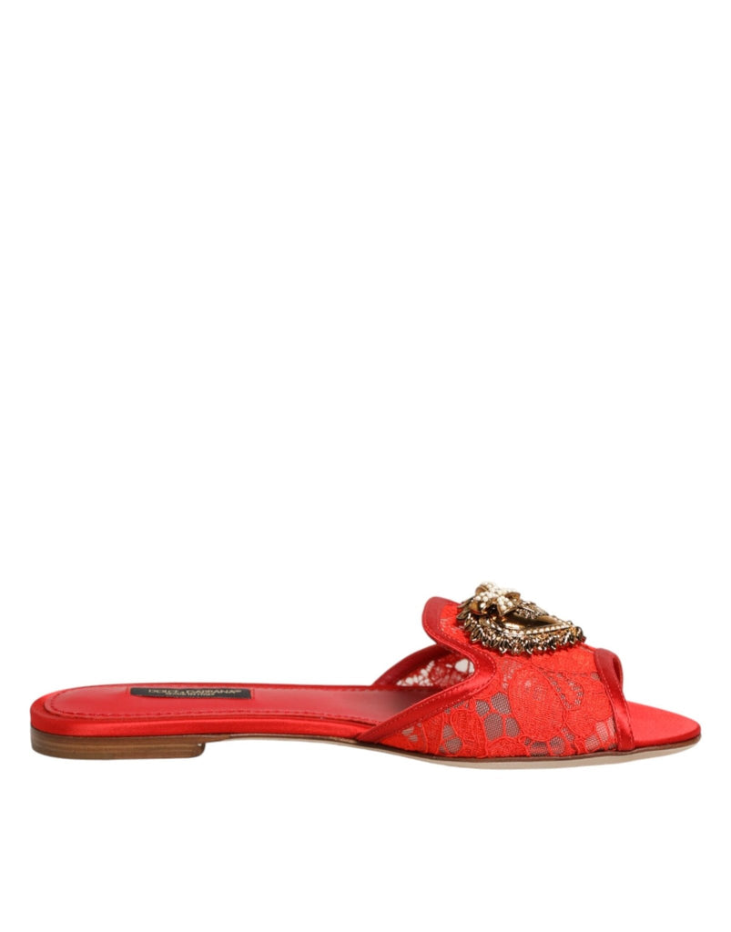 Dolce & Gabbana Red Devotion Lace Flats Slip On Sandals Shoes - Beyzy Store - Dolce & Gabbana