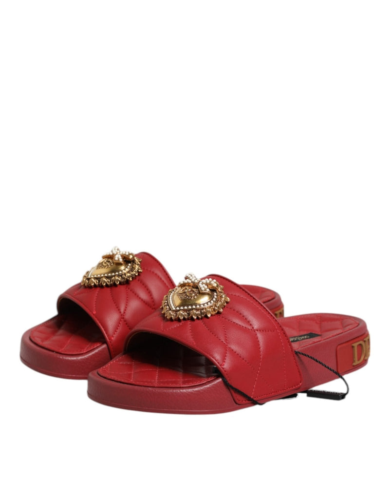 Dolce & Gabbana Red Devotion Matelassé Leather Slides Shoes - Beyzy Store - Dolce & Gabbana