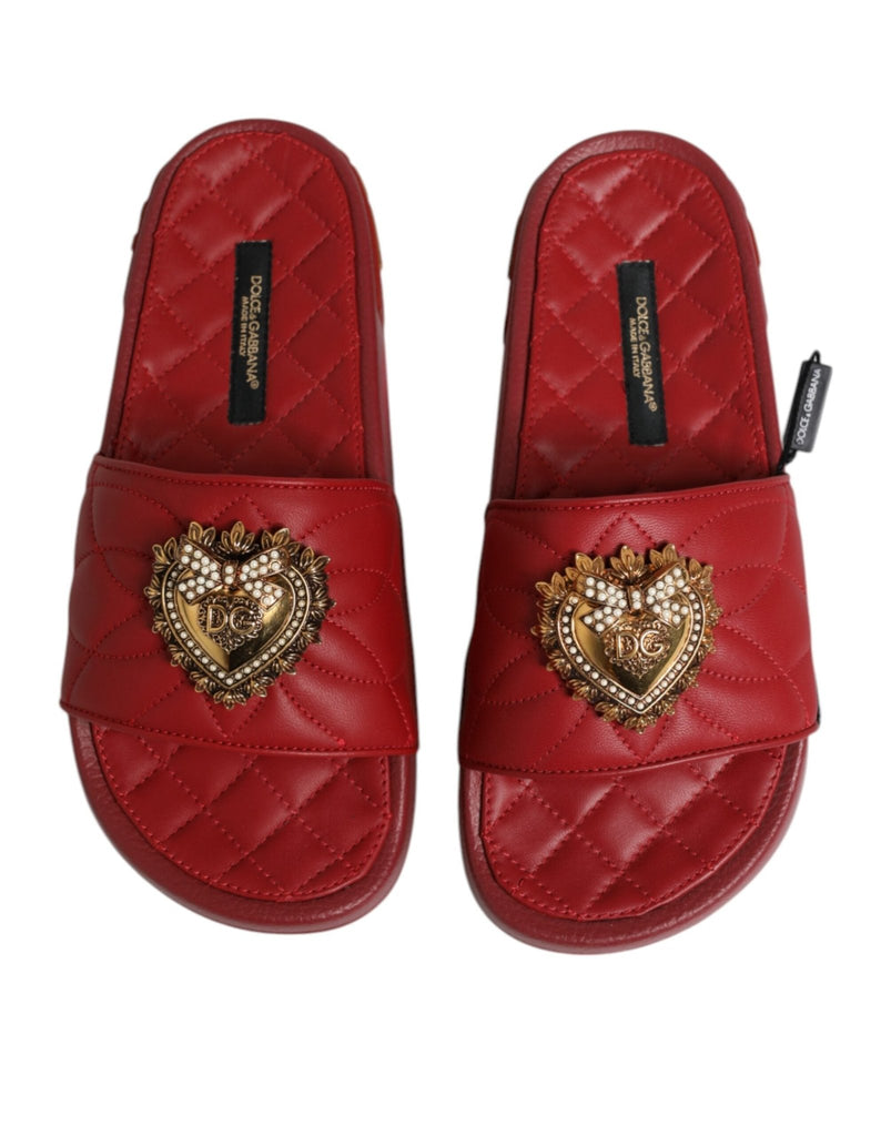Dolce & Gabbana Red Devotion Matelassé Leather Slides Shoes - Beyzy Store - Dolce & Gabbana