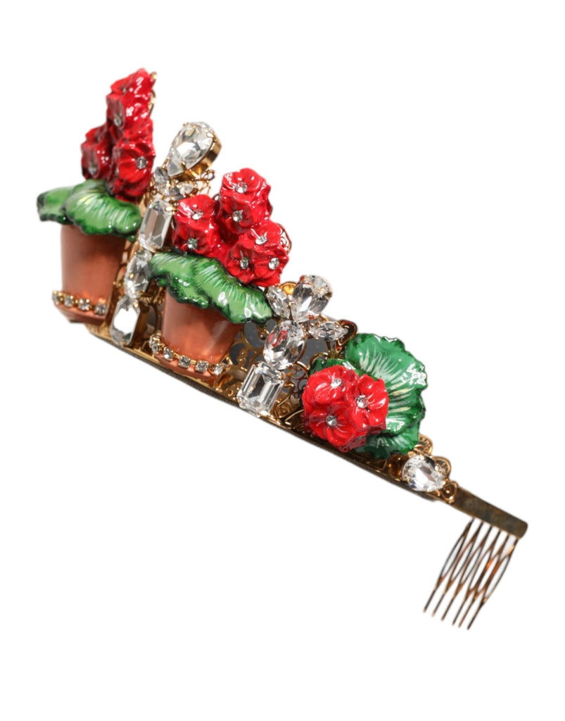 Dolce & Gabbana Red Floral Flowerpot Crystal Gold Crown Tiara Headband - Beyzy Store - Dolce & Gabbana