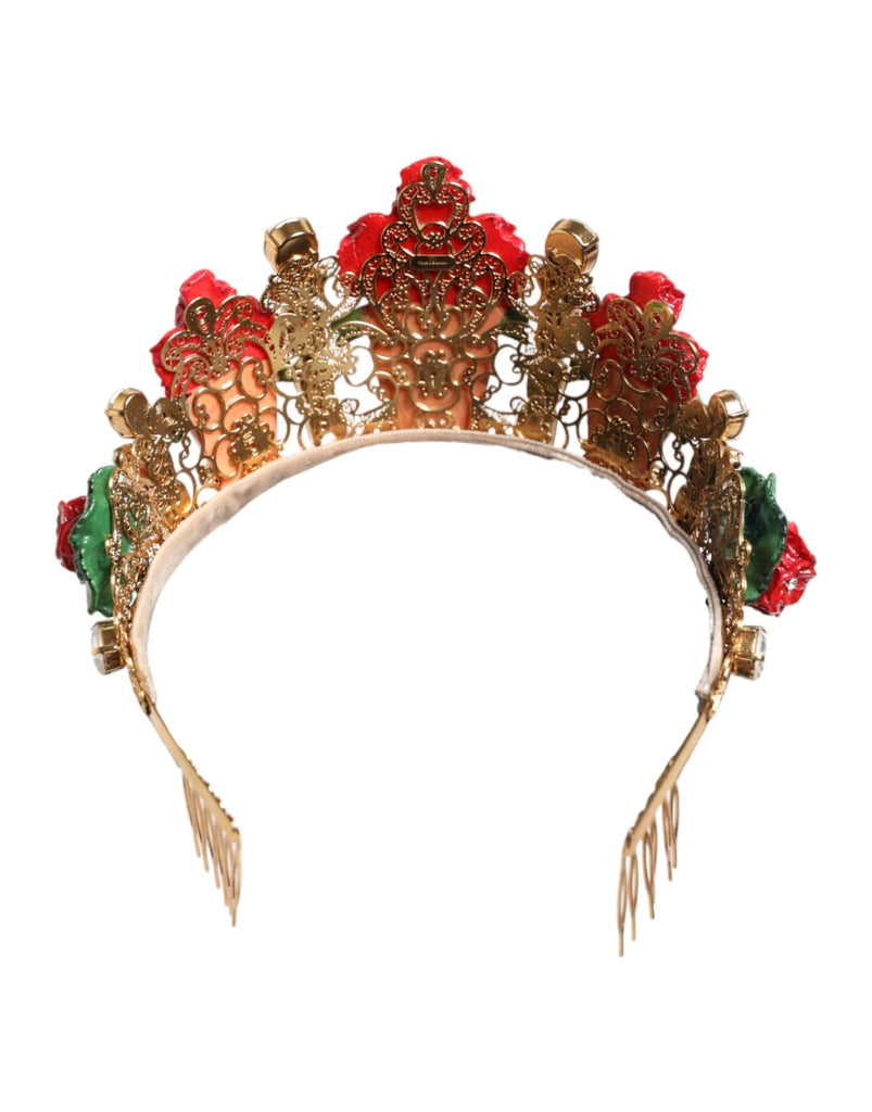 Dolce & Gabbana Red Floral Flowerpot Crystal Gold Crown Tiara Headband - Beyzy Store - Dolce & Gabbana