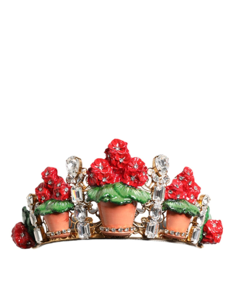 Dolce & Gabbana Red Floral Flowerpot Crystal Gold Crown Tiara Headband - Beyzy Store - Dolce & Gabbana