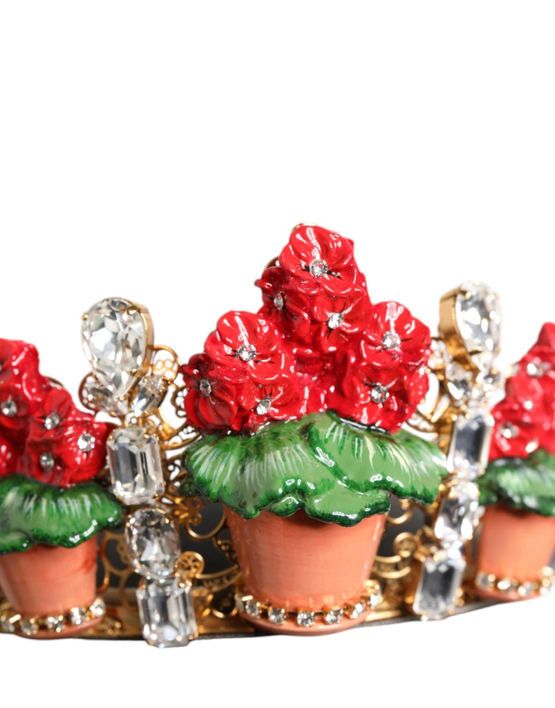 Dolce & Gabbana Red Floral Flowerpot Crystal Gold Crown Tiara Headband - Beyzy Store - Dolce & Gabbana