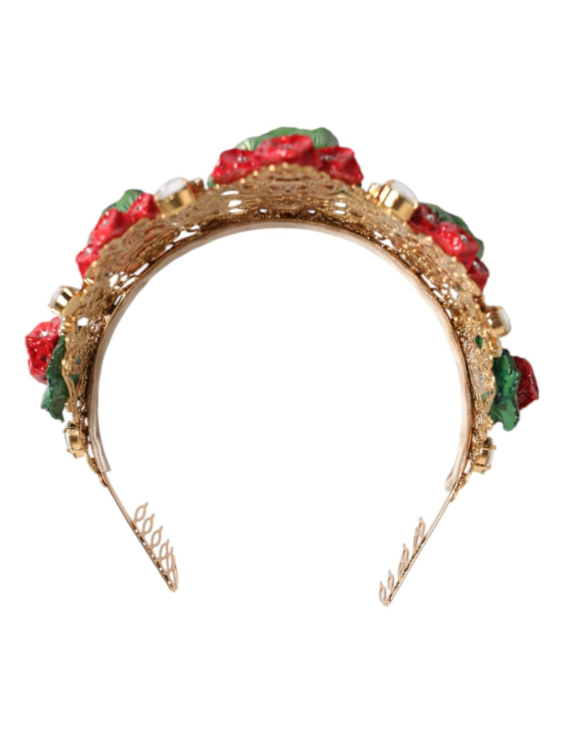 Dolce & Gabbana Red Floral Flowerpot Crystal Gold Crown Tiara Headband - Beyzy Store - Dolce & Gabbana