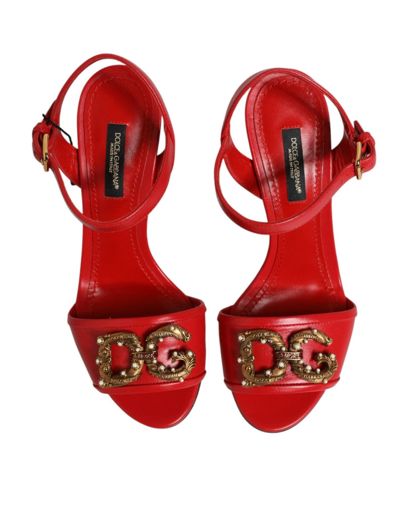 Dolce & Gabbana Red Leather DG AMORE Heels Sandals Shoes - Beyzy Store - Dolce & Gabbana