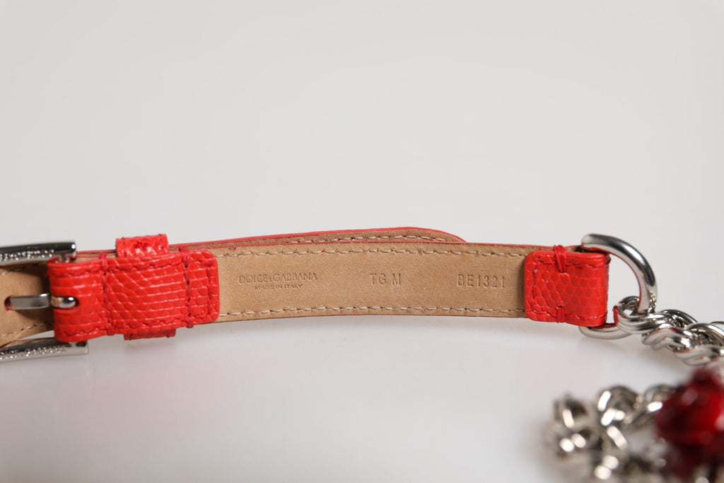 Dolce & Gabbana Red Leather Silver Chain Floral Cintura Belt - Beyzy Store - Dolce & Gabbana