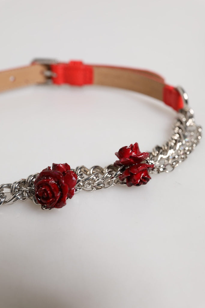 Dolce & Gabbana Red Leather Silver Chain Floral Cintura Belt - Beyzy Store - Dolce & Gabbana