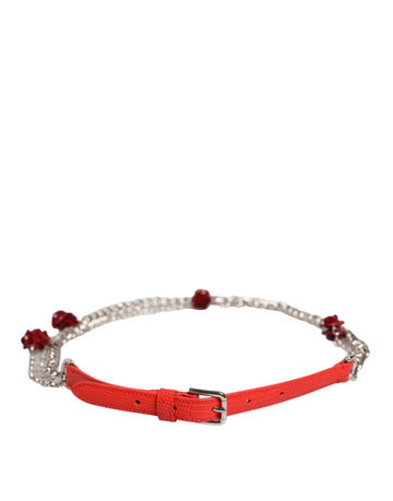 Dolce & Gabbana Red Leather Silver Chain Floral Cintura Belt - Beyzy Store - Dolce & Gabbana