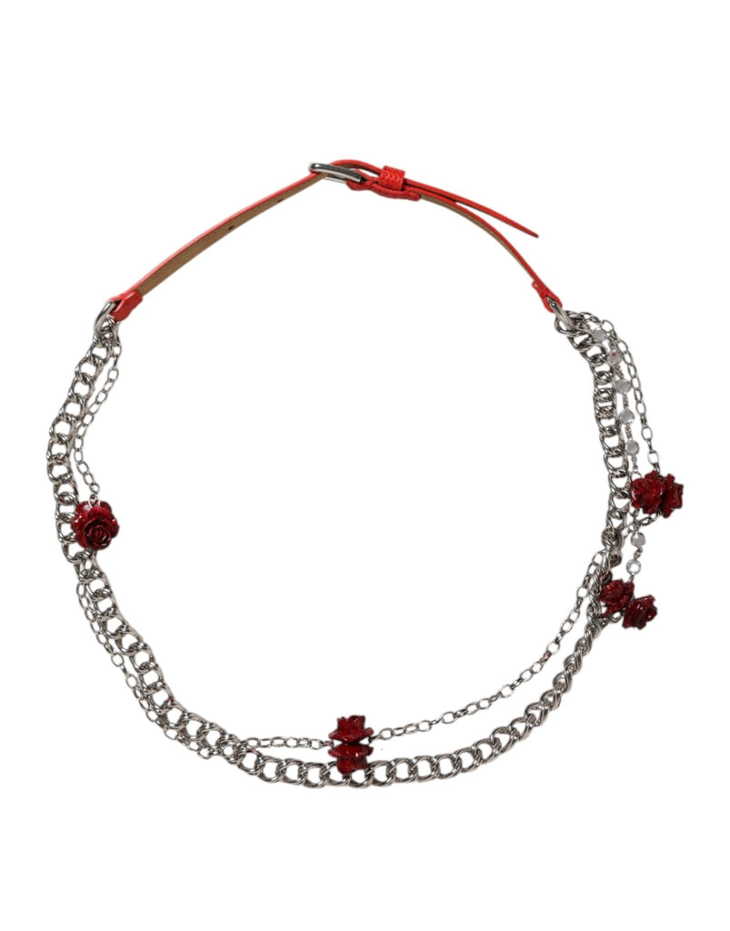 Dolce & Gabbana Red Leather Silver Chain Floral Cintura Belt - Beyzy Store - Dolce & Gabbana