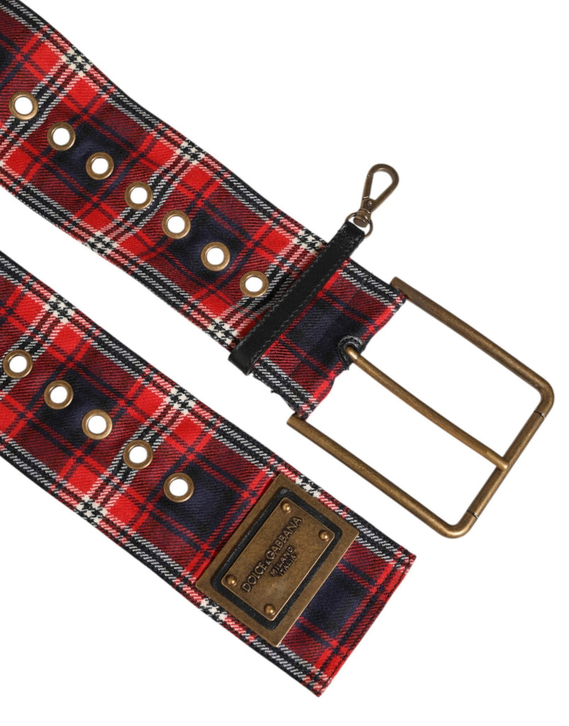 Dolce & Gabbana Red Plaid Fabric Logo Plate Brass Buckle Belt - Beyzy Store - Dolce & Gabbana