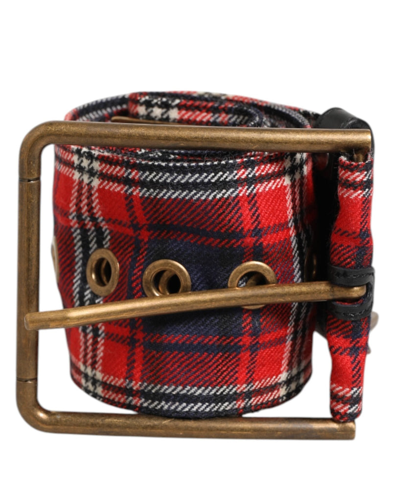 Dolce & Gabbana Red Plaid Fabric Logo Plate Brass Buckle Belt - Beyzy Store - Dolce & Gabbana