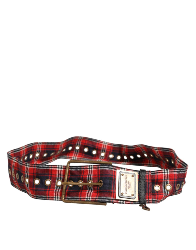 Dolce & Gabbana Red Plaid Fabric Logo Plate Brass Buckle Belt - Beyzy Store - Dolce & Gabbana