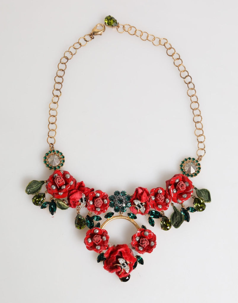 Dolce & Gabbana Red Rose Floral Crystal Embellished Statement Jewelry Necklace - Beyzy Store - Dolce & Gabbana