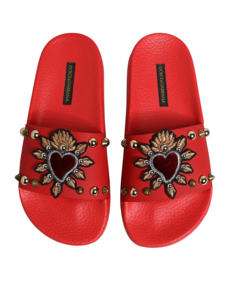 Dolce & Gabbana Red Sacred Heart Stud Slides Beachwear Shoes - Beyzy Store - Dolce & Gabbana