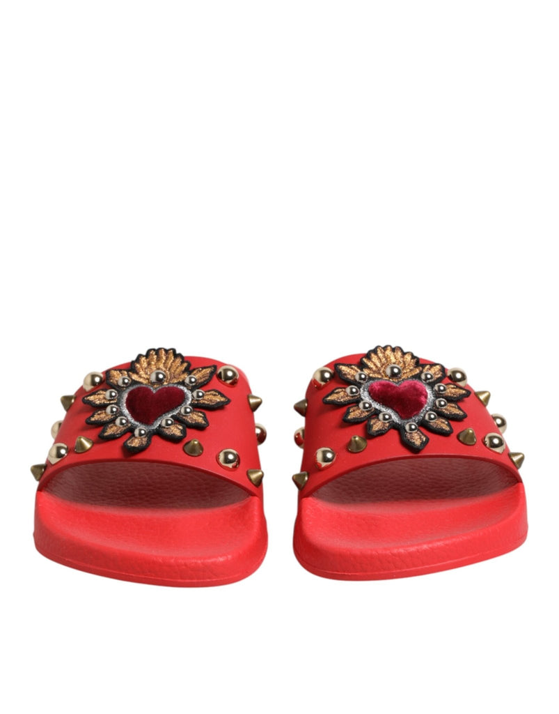 Dolce & Gabbana Red Sacred Heart Stud Slides Beachwear Shoes - Beyzy Store - Dolce & Gabbana