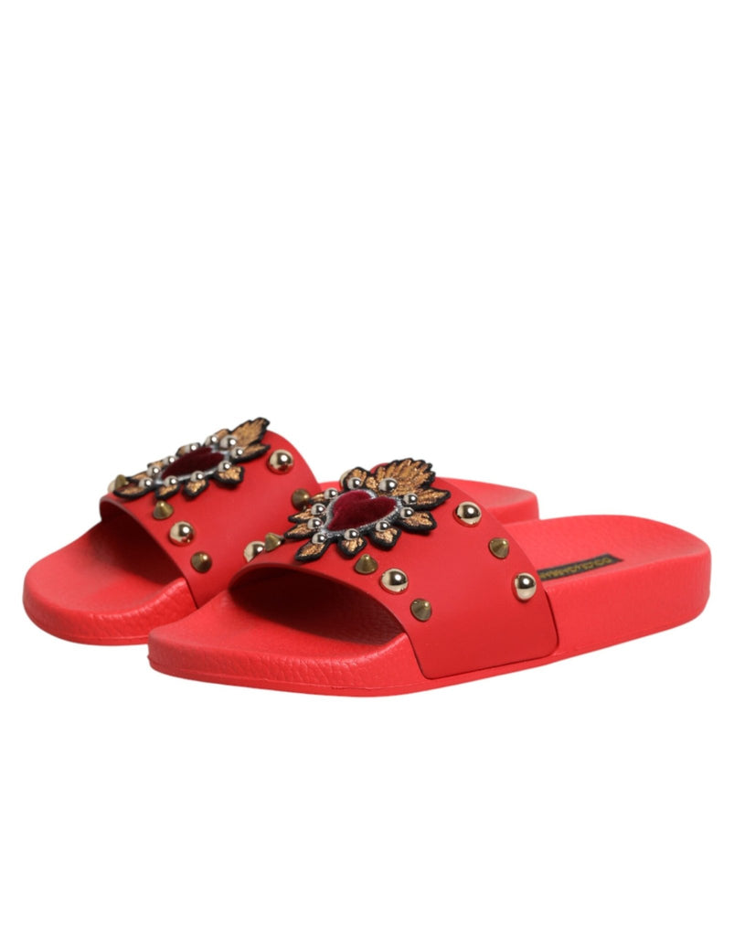 Dolce & Gabbana Red Sacred Heart Stud Slides Beachwear Shoes - Beyzy Store - Dolce & Gabbana