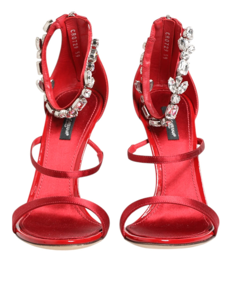 Dolce & Gabbana Red Satin Crystals Keira Sandals Heels Shoes - Beyzy Store - Dolce & Gabbana