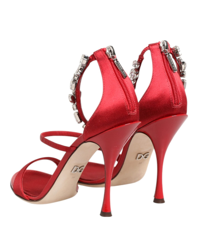 Dolce & Gabbana Red Satin Crystals Keira Sandals Heels Shoes - Beyzy Store - Dolce & Gabbana