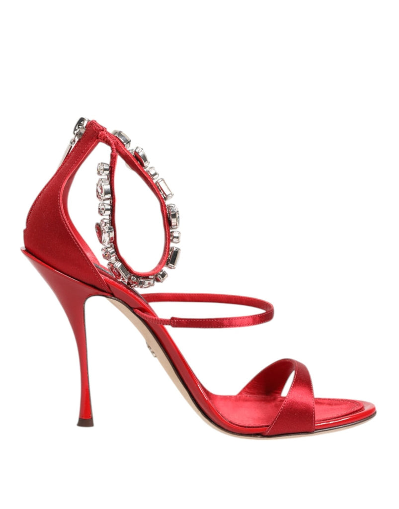 Dolce & Gabbana Red Satin Crystals Keira Sandals Heels Shoes - Beyzy Store - Dolce & Gabbana