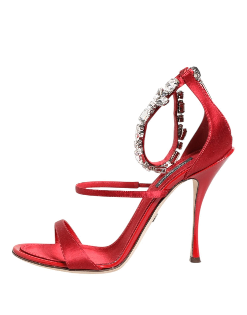 Dolce & Gabbana Red Satin Crystals Keira Sandals Heels Shoes - Beyzy Store - Dolce & Gabbana