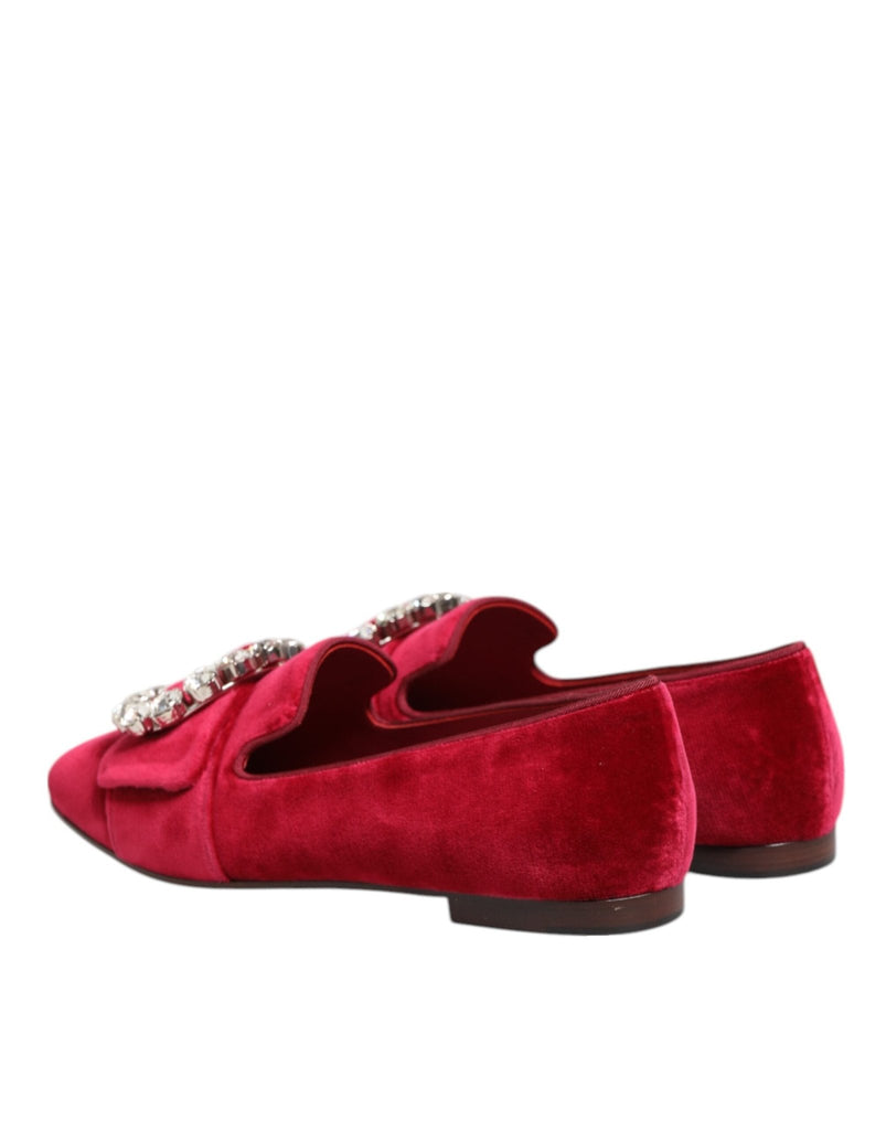 Dolce & Gabbana Red Velvet Crystal Buckle Loafers Flats Shoes - Beyzy Store - Dolce & Gabbana