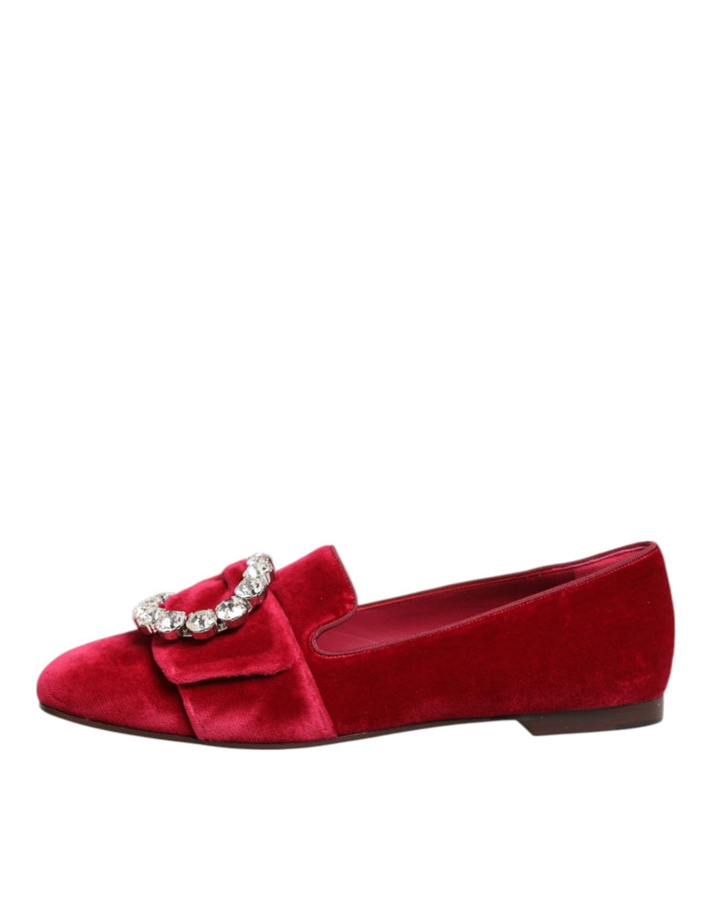 Dolce & Gabbana Red Velvet Crystal Buckle Loafers Flats Shoes - Beyzy Store - Dolce & Gabbana