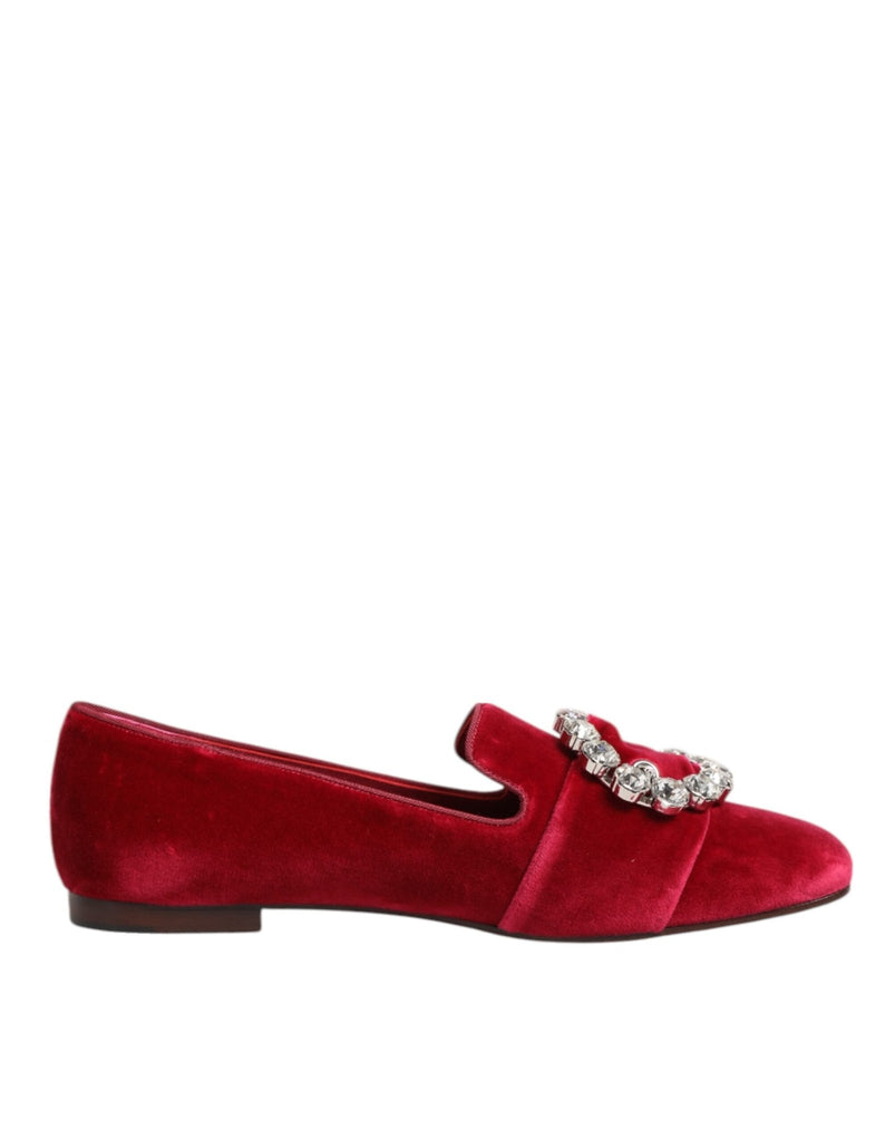 Dolce & Gabbana Red Velvet Crystal Buckle Loafers Flats Shoes - Beyzy Store - Dolce & Gabbana