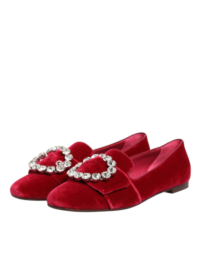 Dolce & Gabbana Red Velvet Crystal Buckle Loafers Flats Shoes - Beyzy Store - Dolce & Gabbana