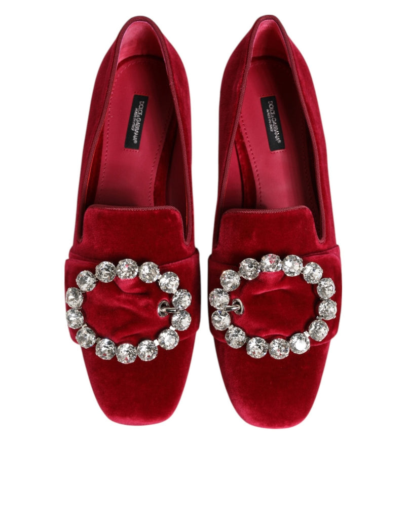 Dolce & Gabbana Red Velvet Crystal Buckle Loafers Flats Shoes - Beyzy Store - Dolce & Gabbana