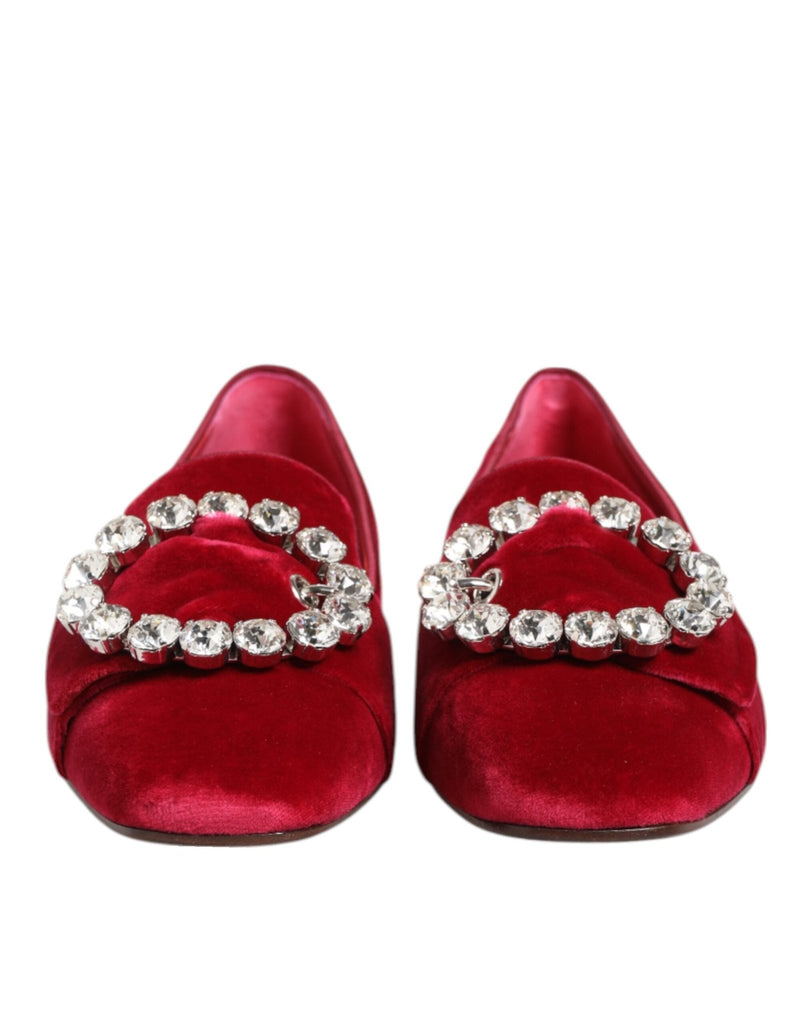Dolce & Gabbana Red Velvet Crystal Buckle Loafers Flats Shoes - Beyzy Store - Dolce & Gabbana