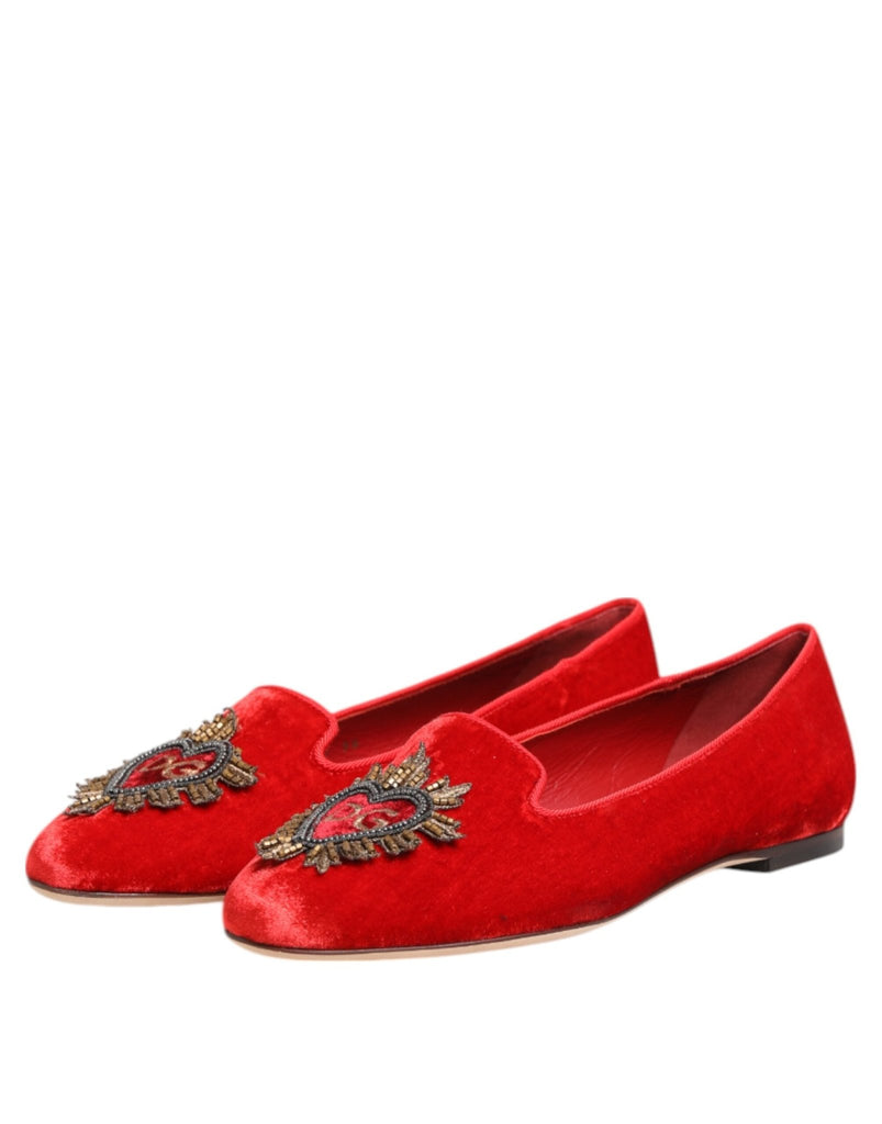 Dolce & Gabbana Red Velvet DG Heart Loafers Flat Shoes - Beyzy Store - Dolce & Gabbana