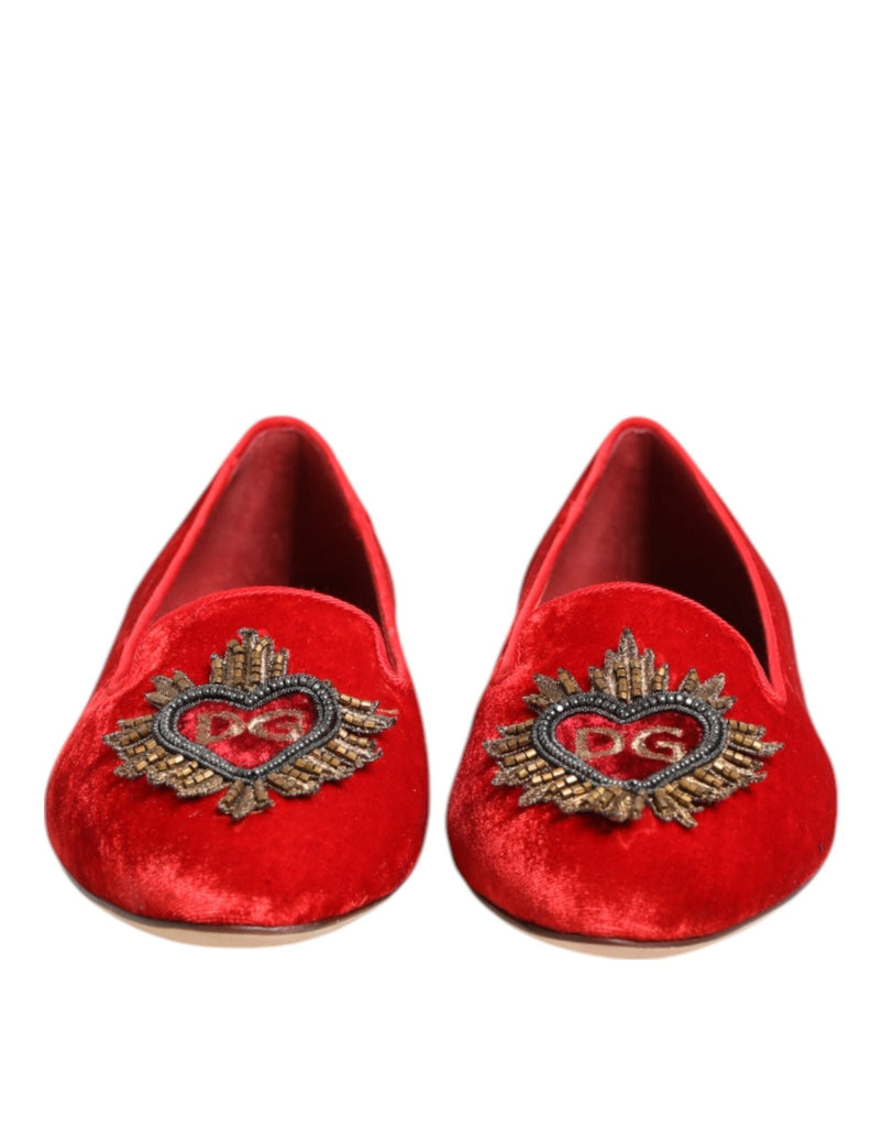 Dolce & Gabbana Red Velvet DG Heart Loafers Flat Shoes - Beyzy Store - Dolce & Gabbana