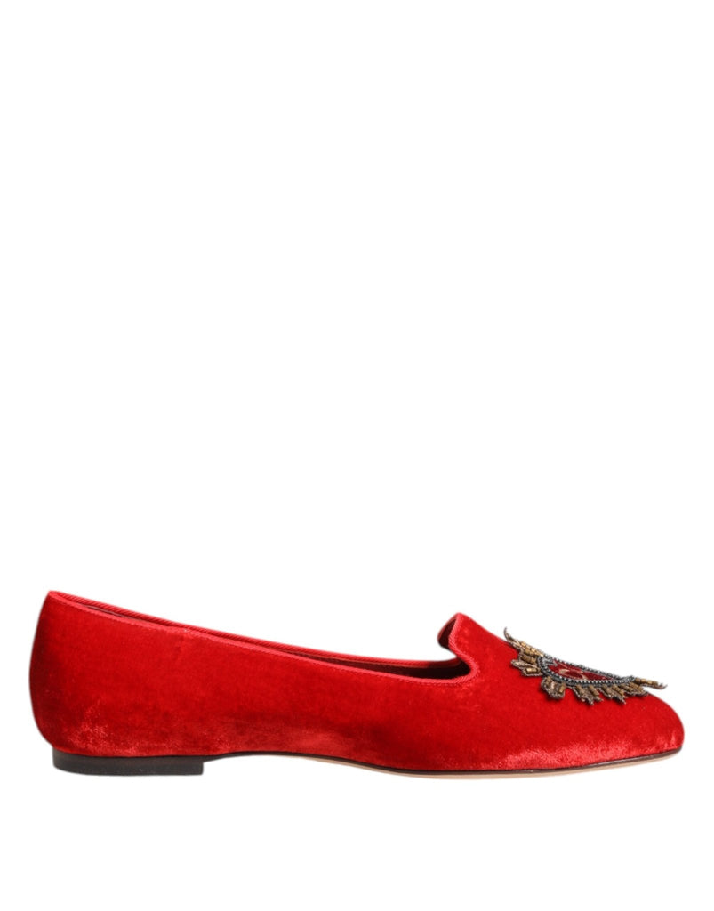 Dolce & Gabbana Red Velvet DG Heart Loafers Flat Shoes - Beyzy Store - Dolce & Gabbana