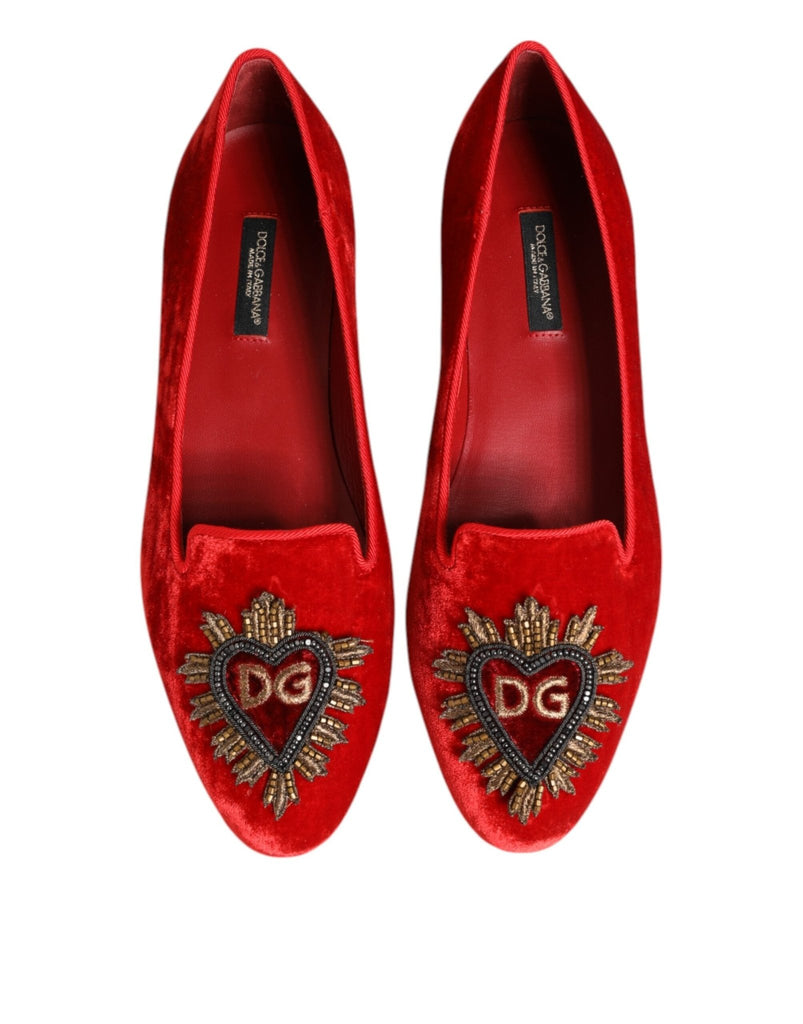 Dolce & Gabbana Red Velvet DG Heart Loafers Flats Shoes - Beyzy Store - Dolce & Gabbana