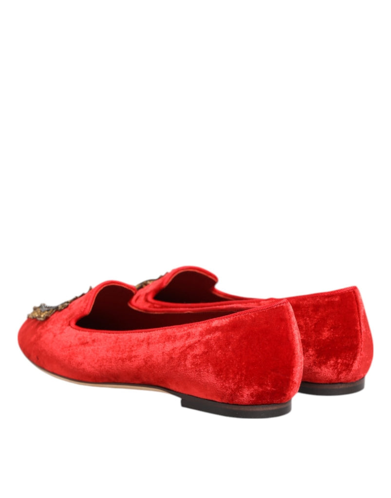 Dolce & Gabbana Red Velvet DG Heart Loafers Flats Shoes - Beyzy Store - Dolce & Gabbana