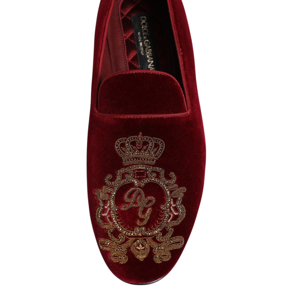 Dolce & Gabbana Red Velvet Gold Crown Mens Loafers Shoes - Beyzy Store - Dolce & Gabbana