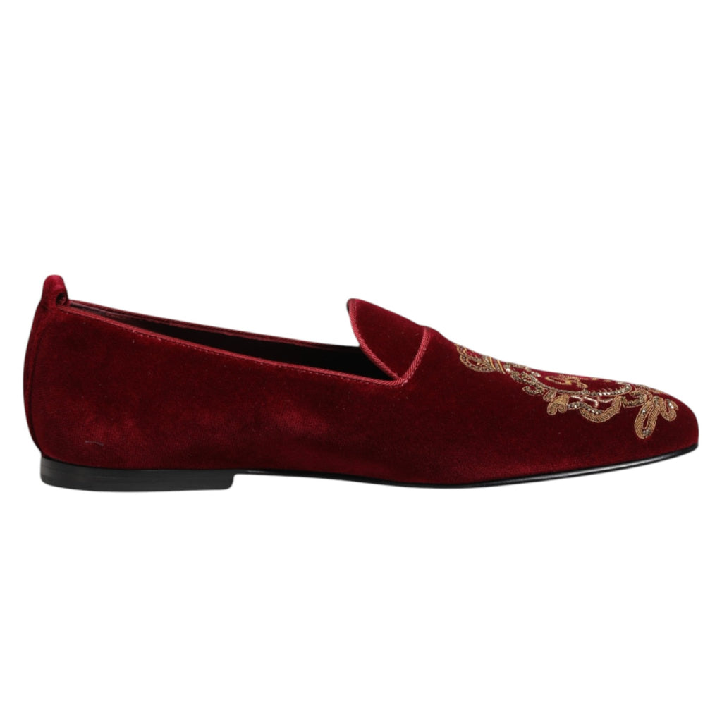 Dolce & Gabbana Red Velvet Gold Crown Mens Loafers Shoes - Beyzy Store - Dolce & Gabbana
