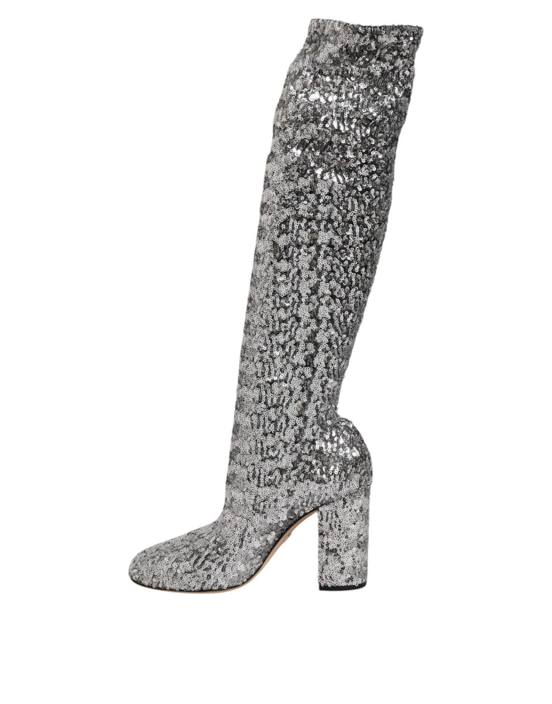 Dolce & Gabbana Shoes Silver Sequins Glitter High Heel Boot Shoes - Beyzy Store - Dolce & Gabbana