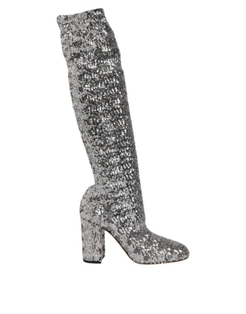 Dolce & Gabbana Shoes Silver Sequins Glitter High Heel Boot Shoes - Beyzy Store - Dolce & Gabbana