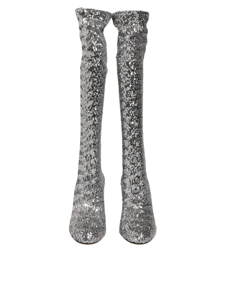 Dolce & Gabbana Shoes Silver Sequins Glitter High Heel Boot Shoes - Beyzy Store - Dolce & Gabbana