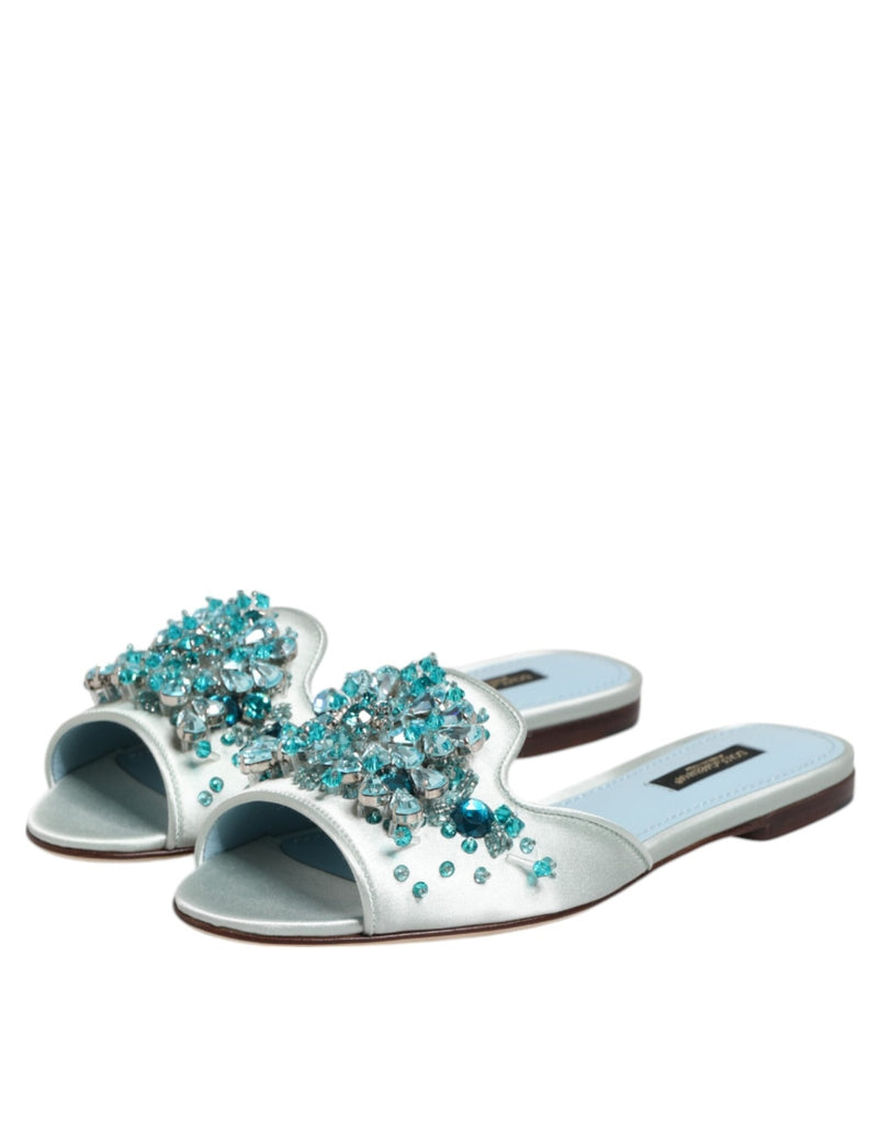 Dolce & Gabbana Silver Blue Leather Bead Embellish Slide Shoes - Beyzy Store - Dolce & Gabbana