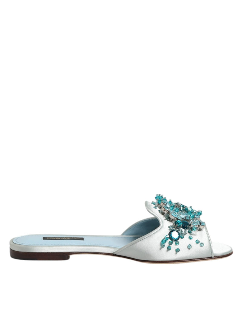 Dolce & Gabbana Silver Blue Leather Bead Embellish Slide Shoes - Beyzy Store - Dolce & Gabbana